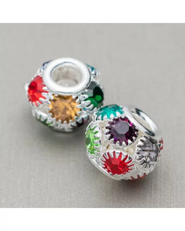 Distanziatore Palline Di Ottone E Strass 12mm Foro Largo 34pz Multicolor Argentato-PALLINE STRASS | Worldofjewel.com