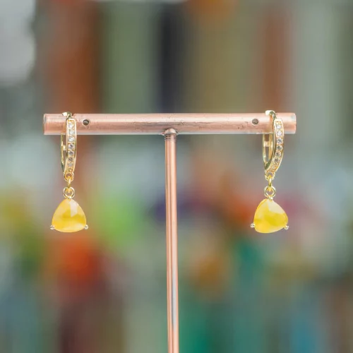 Bronze Closed Hoop Earrings With Zircons And Cat's Eye Triangle Pendant 9x26mm Yellow