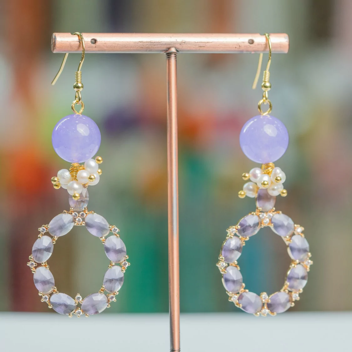 Orecchini A Monachella Di Argento 925 Con Pietre E Perle Con Pendente in Occhio Di Gatto 24x70mm Viola-ARGENTO 925 DESIGN ITALY | Worldofjewel.com