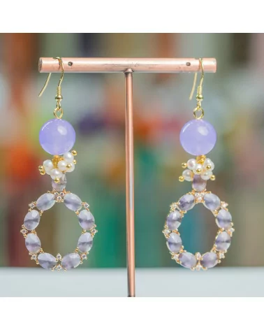 Orecchini A Monachella Di Argento 925 Con Pietre E Perle Con Pendente in Occhio Di Gatto 24x70mm Viola-ARGENTO 925 DESIGN ITALY | Worldofjewel.com