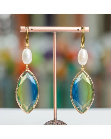 Orecchini A Monachella Di Bronzo Con Perle Di Fiume E Cristallo A Foglia 20x70mm Lime-Blu-BRONZO CRYSTAL | Worldofjewel.com