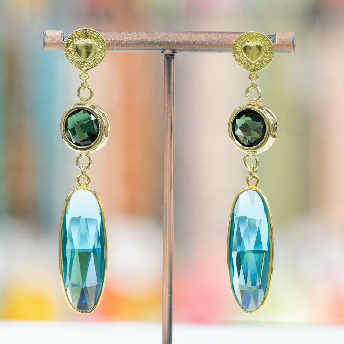 Orecchini A Perno Di Argento 925 Con Cubic Zirconia 12x66mm Dorato Verde-Azzurro-ARGENTO 925 DESIGN ITALY | Worldofjewel.com