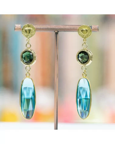 Orecchini A Perno Di Argento 925 Con Cubic Zirconia 12x66mm Dorato Verde-Azzurro-ARGENTO 925 DESIGN ITALY | Worldofjewel.com