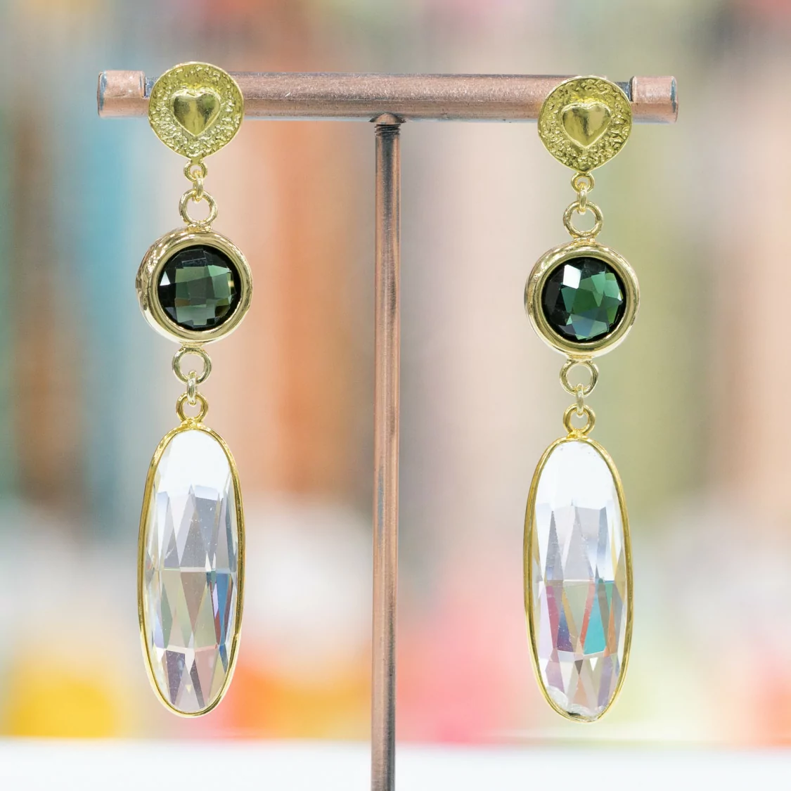 Orecchini A Perno Di Argento 925 Con Cubic Zirconia 12x66mm Dorato Verde-Trasparente-ARGENTO 925 DESIGN ITALY | Worldofjewel.com