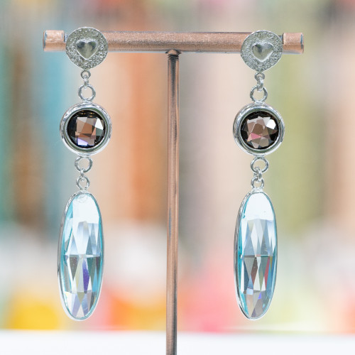 Boucles d'Oreilles Puces Argent 925 avec Oxydes de Zirconium 12x66mm Rhodié Eau de Fumée