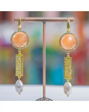 Orecchini Perno Di Argento 925 Con Occhio Di Gatto E Druzi Con Perle Di Fiume 20x80mm Arancio-ARGENTO 925 FANTASIA | Worldofjewel.com