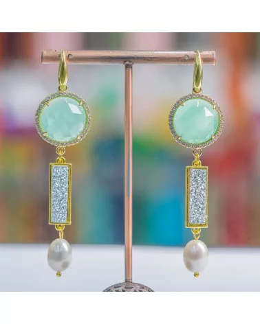 Orecchini Perno Di Argento 925 Con Occhio Di Gatto E Druzi Con Perle Di Fiume 20x80mm Verde Acqua-ARGENTO 925 FANTASIA | Worldofjewel.com