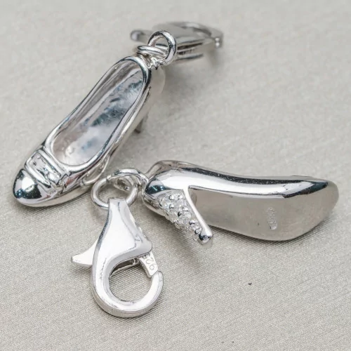 Charms Plata De Ley 925 Colgante Zapato Con Lazo Y Circonitas En El Tacón Con Mosquetón 4 Piezas