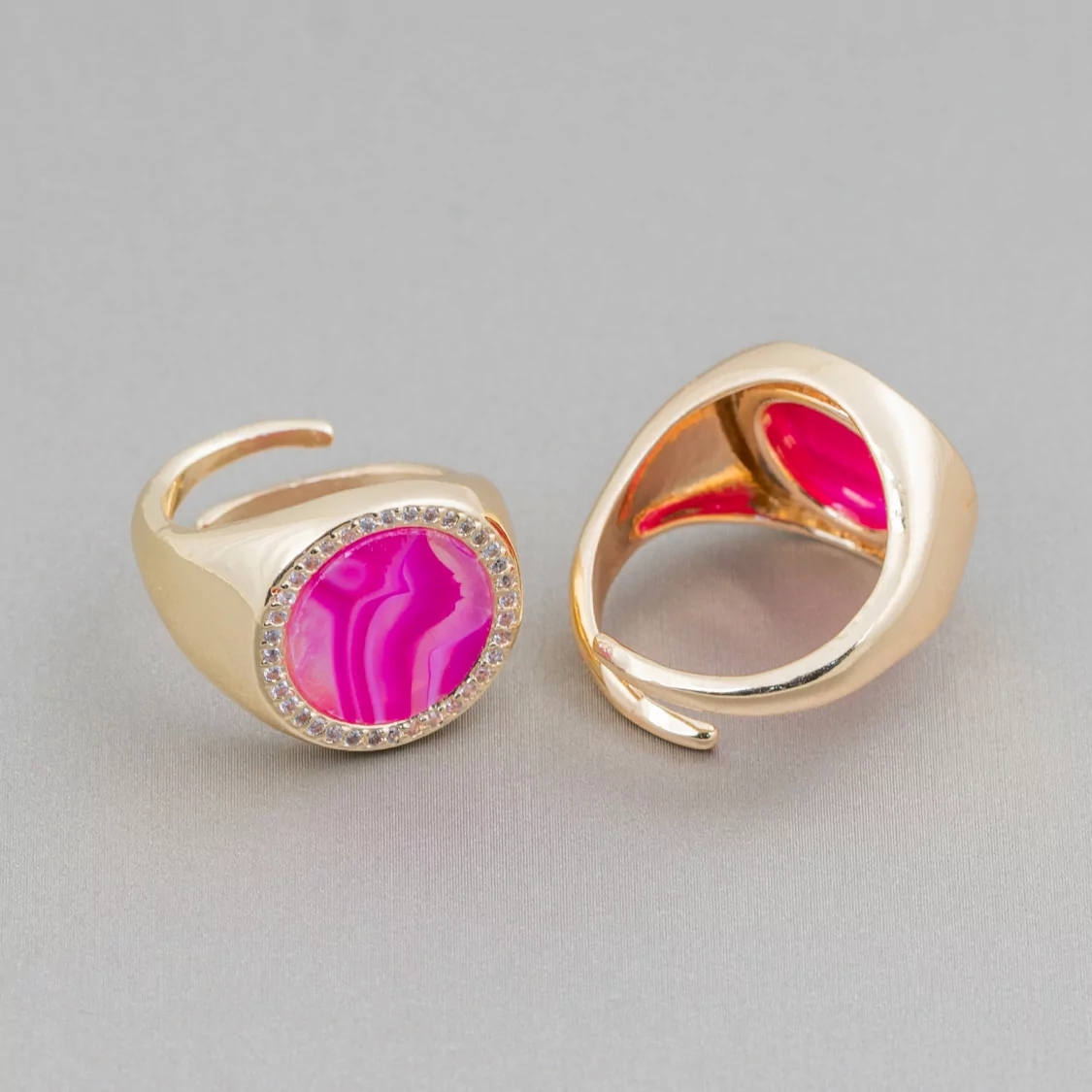 Anello Di Bronzo Con Pietra Naturale A Piastra Con Zirconi 16mm Misura Regolabile Agata Striata Fucsia-ANELLI BRONZO E OCCHIO DI GATTO | Worldofjewel.com