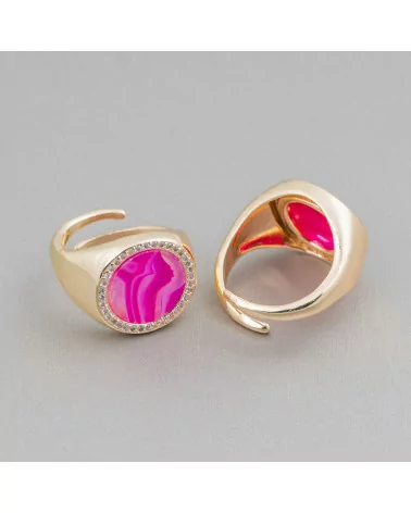 Anello Di Bronzo Con Pietra Naturale A Piastra Con Zirconi 16mm Misura Regolabile Agata Striata Fucsia-ANELLI BRONZO E OCCHIO DI GATTO | Worldofjewel.com