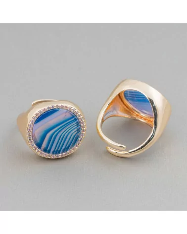 Anello Di Bronzo Con Pietra Naturale A Piastra Con Zirconi 20mm Misura Regolabile Agata Striata Blu-ANELLI BRONZO CON PIETRE INCASTONATE | Worldofjewel.com