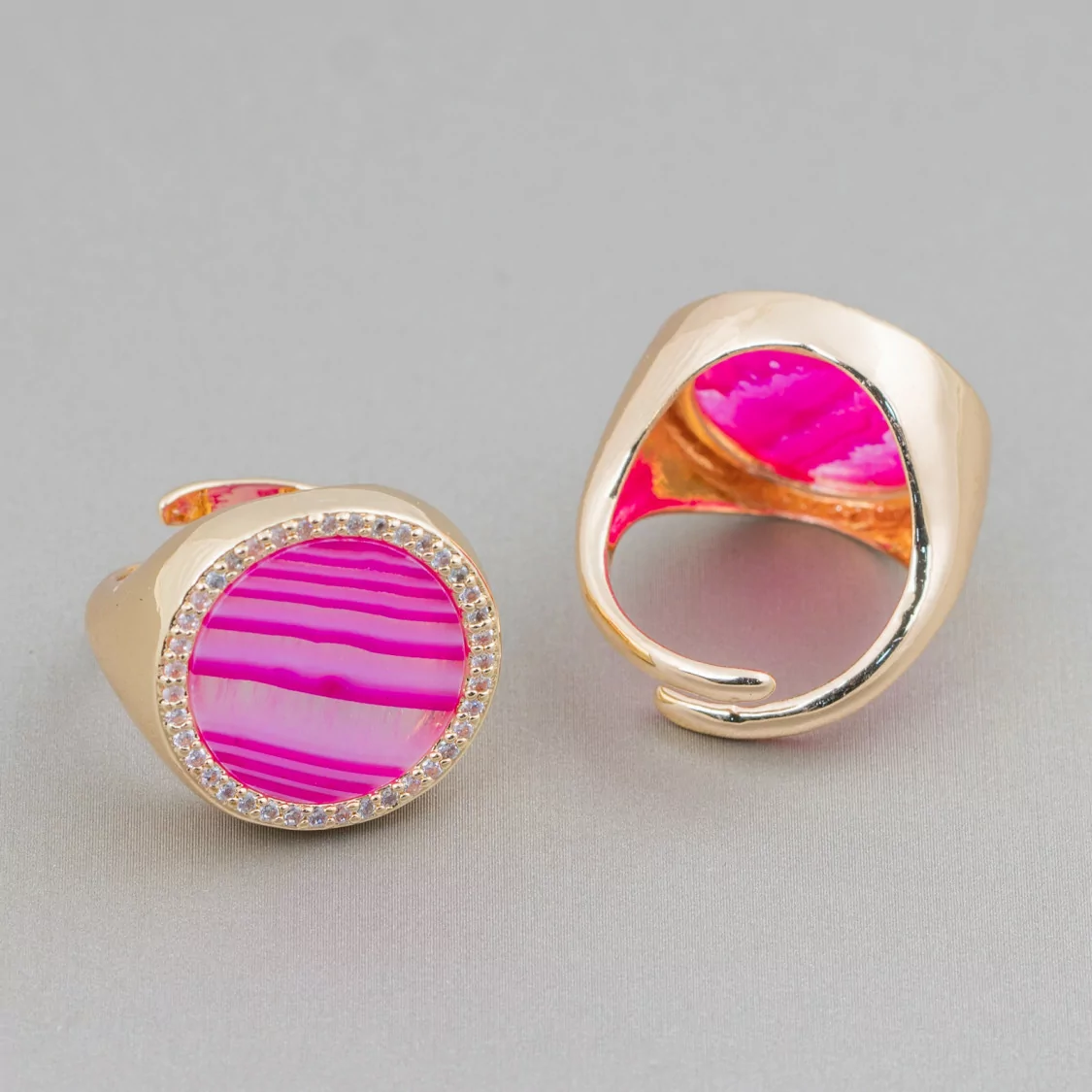 Anello Di Bronzo Con Pietra Naturale A Piastra Con Zirconi 20mm Misura Regolabile Agata Striata Fucsia-ANELLI BRONZO E OCCHIO DI GATTO | Worldofjewel.com