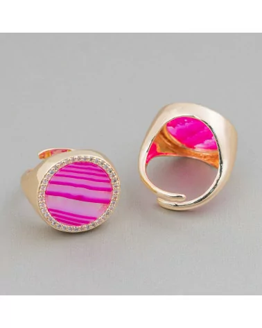 Anello Di Bronzo Con Pietra Naturale A Piastra Con Zirconi 20mm Misura Regolabile Agata Striata Fucsia-ANELLI BRONZO E OCCHIO DI GATTO | Worldofjewel.com