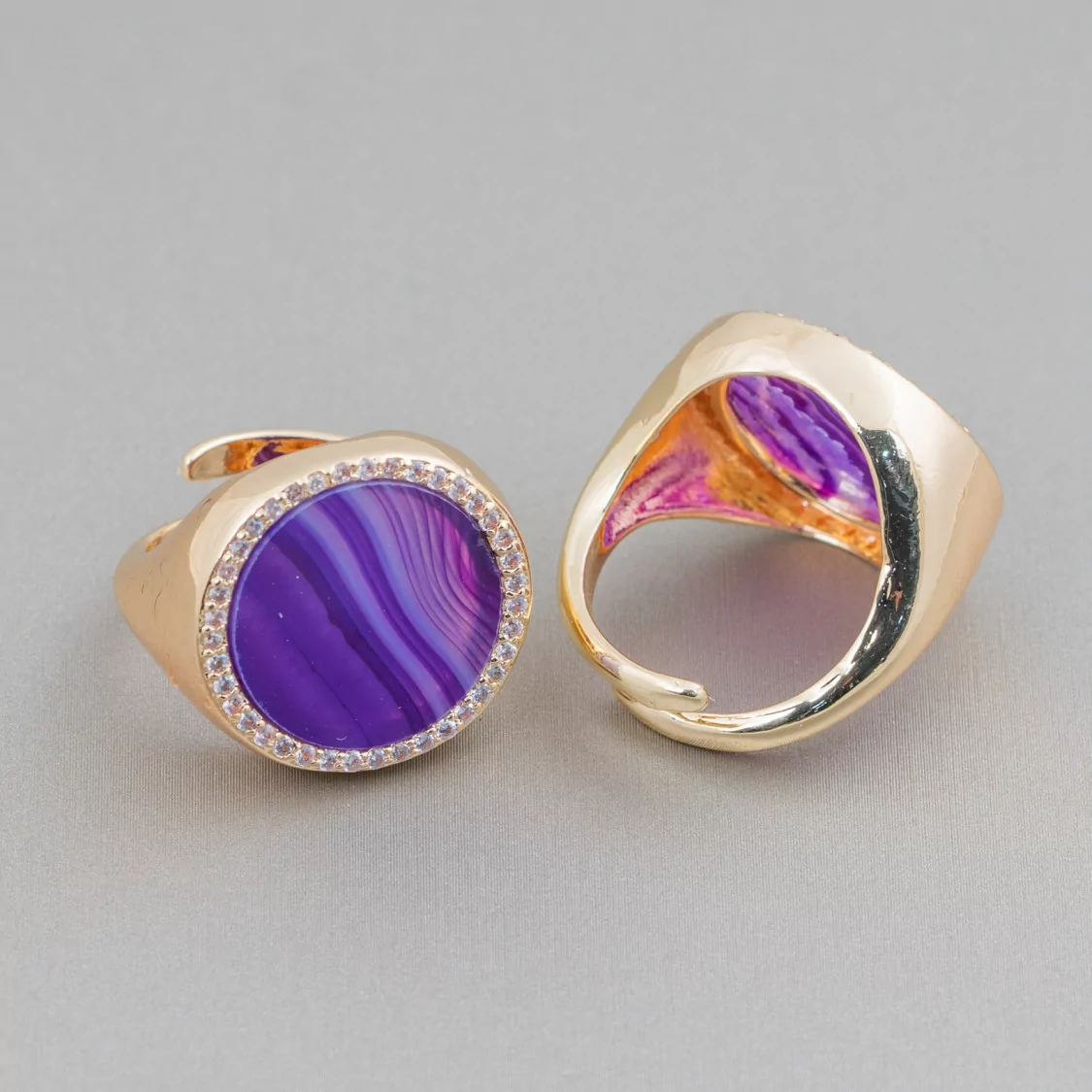 Anello Di Bronzo Con Pietra Naturale A Piastra Con Zirconi 20mm Misura Regolabile Agata Striata Viola-ANELLI BRONZO E OCCHIO DI GATTO | Worldofjewel.com