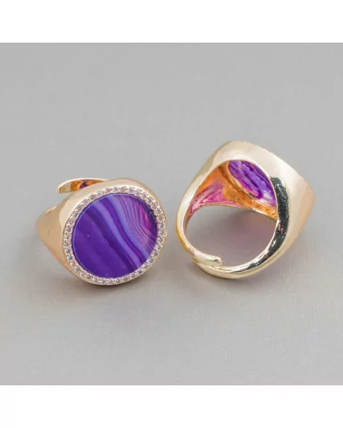 Anello Di Bronzo Con Pietra Naturale A Piastra Con Zirconi 20mm Misura Regolabile Agata Striata Viola-ANELLI BRONZO E OCCHIO DI GATTO | Worldofjewel.com