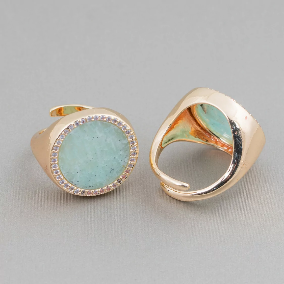 Anello Di Bronzo Con Pietra Naturale A Piastra Con Zirconi 20mm Misura Regolabile Amazonite-ANELLI BRONZO E OCCHIO DI GATTO | Worldofjewel.com