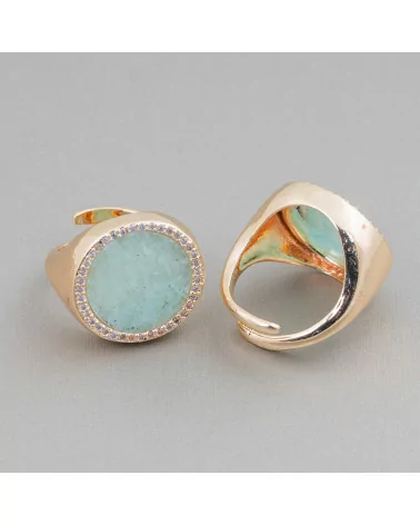 Anello Di Bronzo Con Pietra Naturale A Piastra Con Zirconi 20mm Misura Regolabile Amazonite-ANELLI BRONZO E OCCHIO DI GATTO | Worldofjewel.com