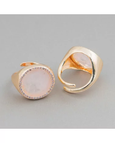 Anello Di Bronzo Con Pietra Naturale A Piastra Con Zirconi 20mm Misura Regolabile Quarzo Rosa-ANELLI BRONZO CON PIETRE INCASTONATE | Worldofjewel.com