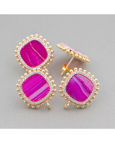 Base Per Orecchini Di Ottone A Perno Con Pietre Naturali Quadrato Con Zirconi 19mm 3 Paia Agata Striata Fucsia-BASI CON PIETRE E PERLINE | Worldofjewel.com