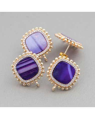 Base Per Orecchini Di Ottone A Perno Con Pietre Naturali Quadrato Con Zirconi 19mm 3 Paia Agata Striata Viola-BASI CON PIETRE E PERLINE | Worldofjewel.com