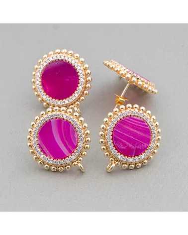 Base Per Orecchini Di Ottone A Perno Con Pietre Naturali Tondo Con Zirconi 20mm 3 Paia Agata Striata Fucsia-BASI CON PIETRE E PERLINE | Worldofjewel.com