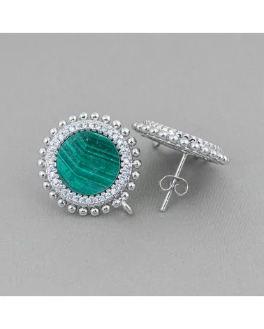 Base Per Orecchini Di Ottone A Perno Con Pietre Naturali Tondo Con Zirconi 20mm 3 Paia Rodiato Malachite-BASI CON PIETRE E PERLINE | Worldofjewel.com