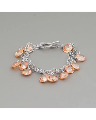 Bracciale Di Argento 925 Catena Rodiata A 3 Fili Con Pendenti Di Zirconi Champagne E Chiusura A T 20mm-BRACCIALI DI ARGENTO 925 | Worldofjewel.com