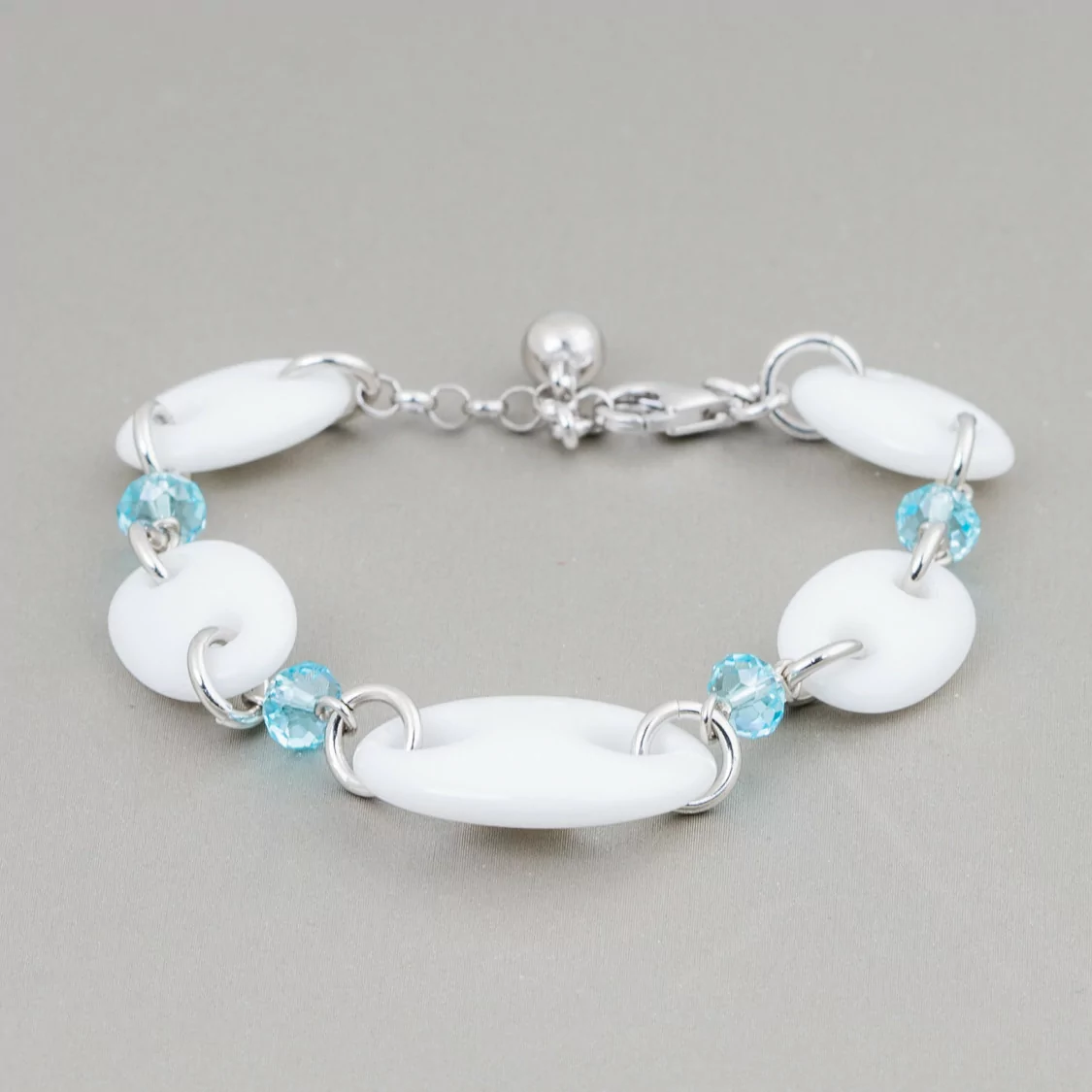 Bracciale Di Argento 925 Con Agata Bianca Maglia Marina E Zirconi Celeste 17cm + 2,5cm-BRACCIALI DI ARGENTO 925 | Worldofjewel.com