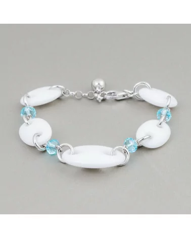 Bracciale Di Argento 925 Con Agata Bianca Maglia Marina E Zirconi Celeste 17cm + 2,5cm-BRACCIALI DI ARGENTO 925 | Worldofjewel.com