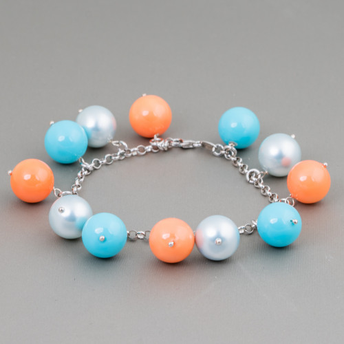 Bracciale Di Argento 925 Con Catena E Perle Di Maiorca Multicolor Tondo Liscio Pendenti 20,5cm