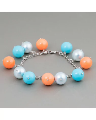 Bracciale Di Argento 925 Con Catena E Perle Di Maiorca Multicolor Tondo Liscio Pendenti 20,5cm-BRACCIALI DI ARGENTO 925 | Worldofjewel.com