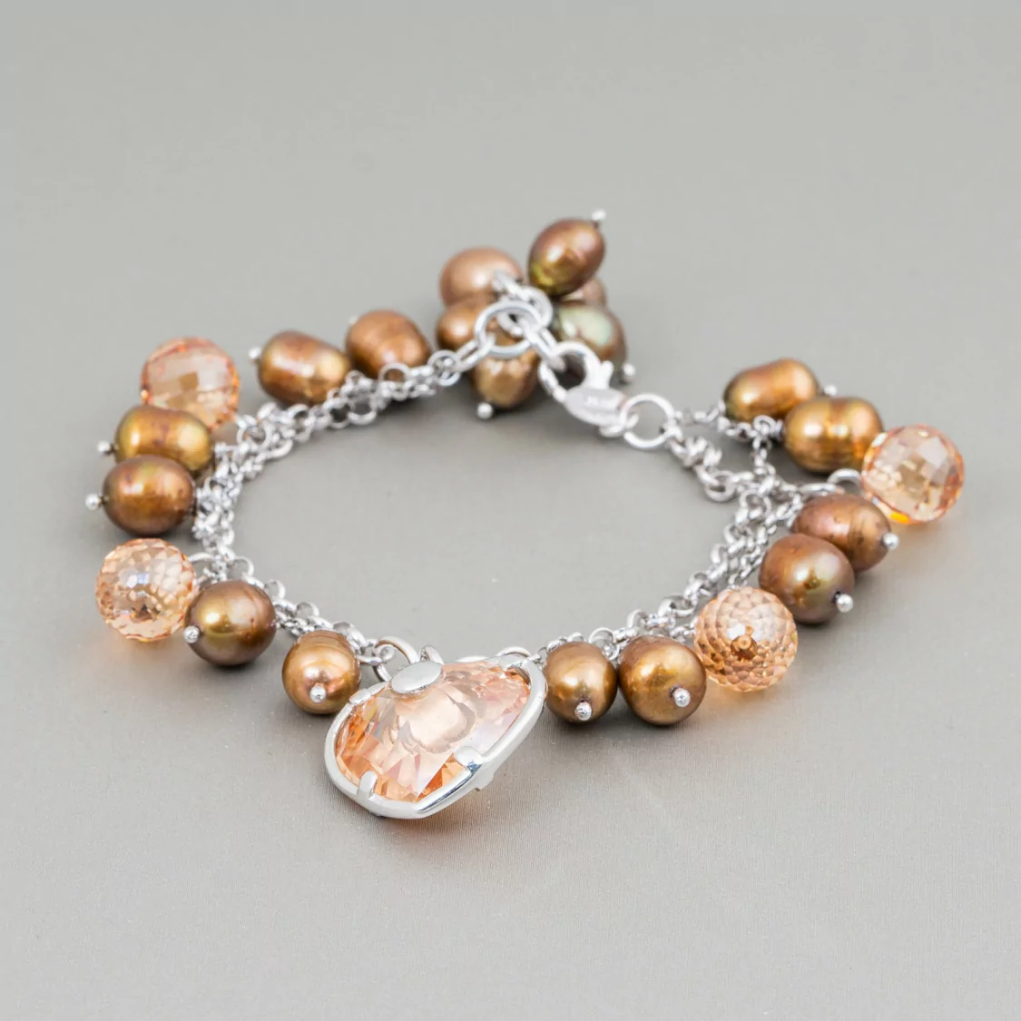 Bracciale Di Argento 925 Con Catena Perle Di Fiume Riso Bronzo E Zirconi Con Pendente Cuore 18,5cm + 2cm-BRACCIALI DI ARGENTO 925 | Worldofjewel.com