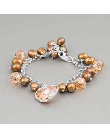 Bracciale Di Argento 925 Con Catena Perle Di Fiume Riso Bronzo E Zirconi Con Pendente Cuore 18,5cm + 2cm-BRACCIALI DI ARGENTO 925 | Worldofjewel.com