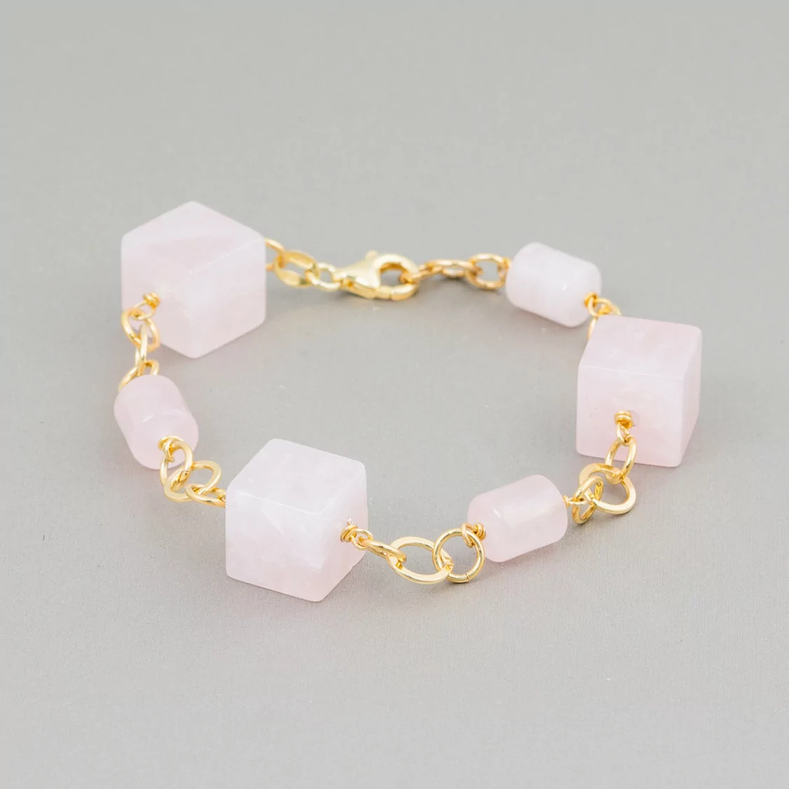 Bracciale Di Argento 925 Con Catena Placcato Oro Di Quarzo Rosa Cubo E Cilindri 20cm-BRACCIALI DI ARGENTO 925 | Worldofjewel.com