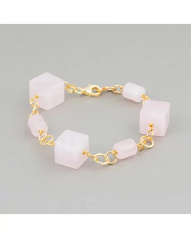 Bracciale Di Argento 925 Con Catena Placcato Oro Di Quarzo Rosa Cubo E Cilindri 20cm-BRACCIALI DI ARGENTO 925 | Worldofjewel.com