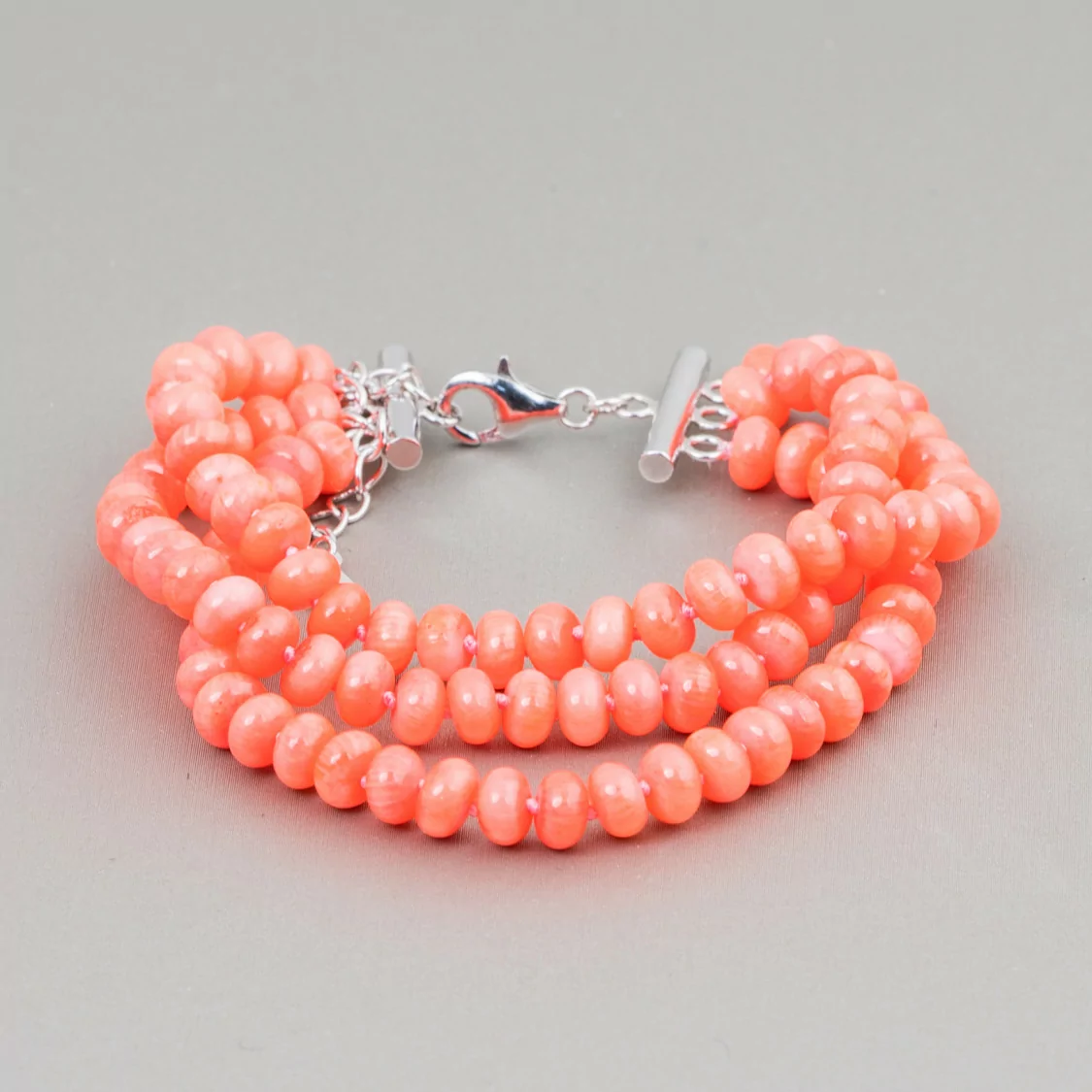 Bracciale Di Argento 925 Con Corallo Bamboo Rondelle Liscio Rosa Arancio 18cm + 5cm-BRACCIALI DI ARGENTO 925 | Worldofjewel.com