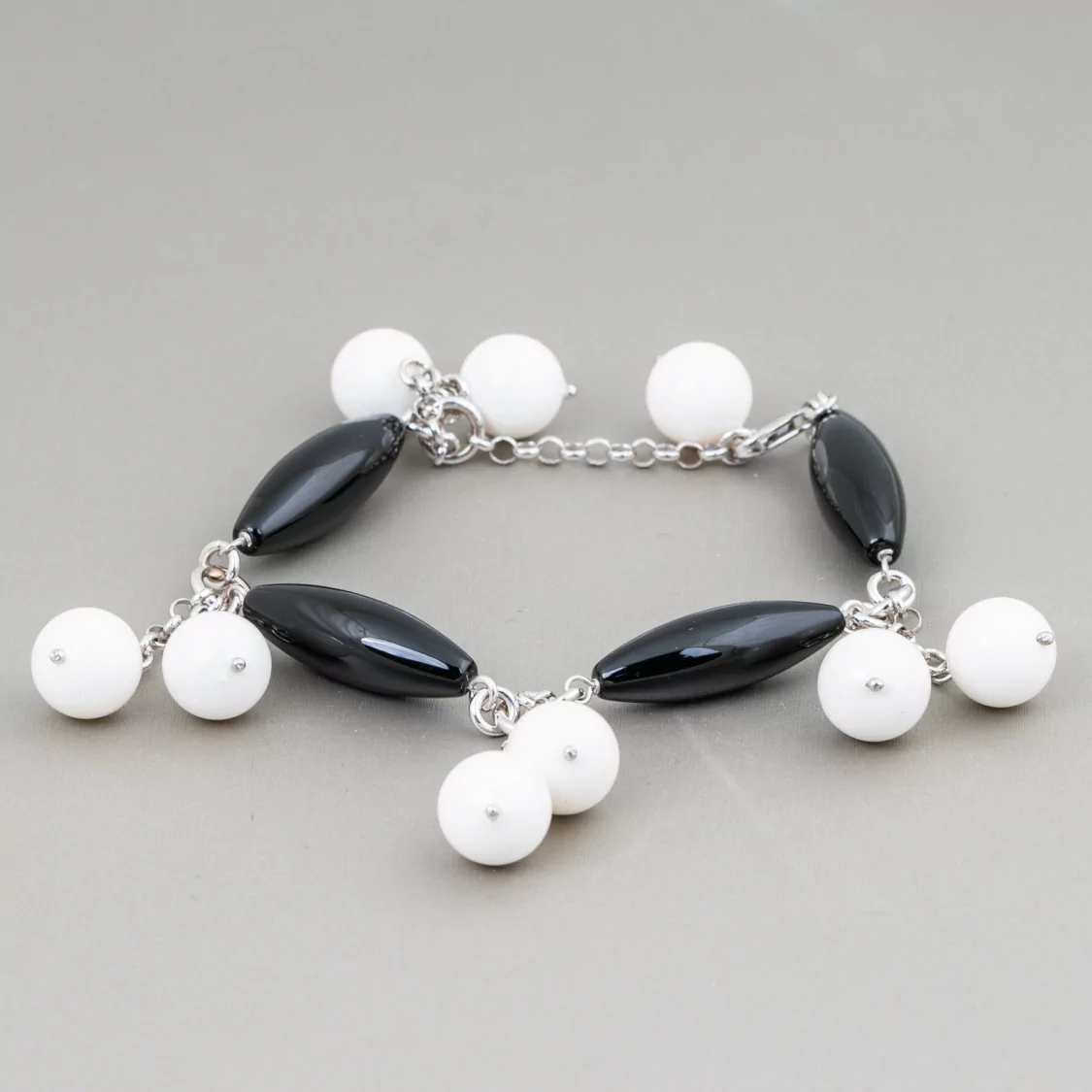 Bracciale Di Argento 925 Con Onice Liscio Riso E Pendenti Di Agata Bianca 18cm + 2,5cm-BRACCIALI DI ARGENTO 925 | Worldofjewel.com