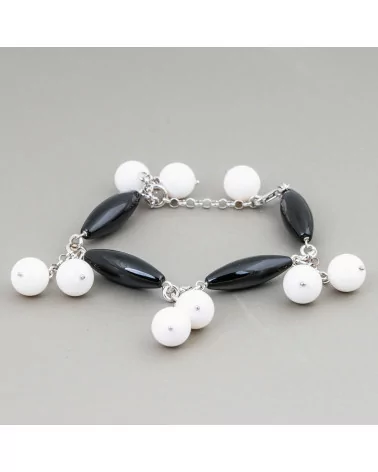 Bracciale Di Argento 925 Con Onice Liscio Riso E Pendenti Di Agata Bianca 18cm + 2,5cm-BRACCIALI DI ARGENTO 925 | Worldofjewel.com