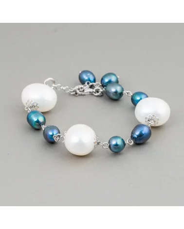 Bracciale Di Argento 925 Con Perle Di Fiume Riso Peacock E Perle Di Maiorca Caramella Bianco 18cm +3cm-BRACCIALI DI ARGENTO 925 | Worldofjewel.com