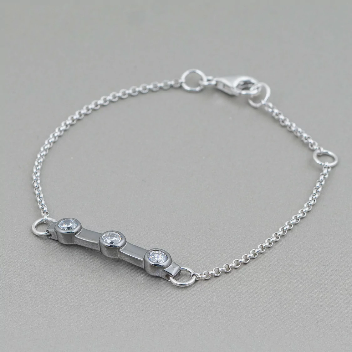 Bracciale Di Argento 925 Design Italy Con 3 Zirconi Lunghezza 19cm-16,5cm Rodiato e Brunito-BRACCIALI DI ARGENTO 925 | Worldofjewel.com