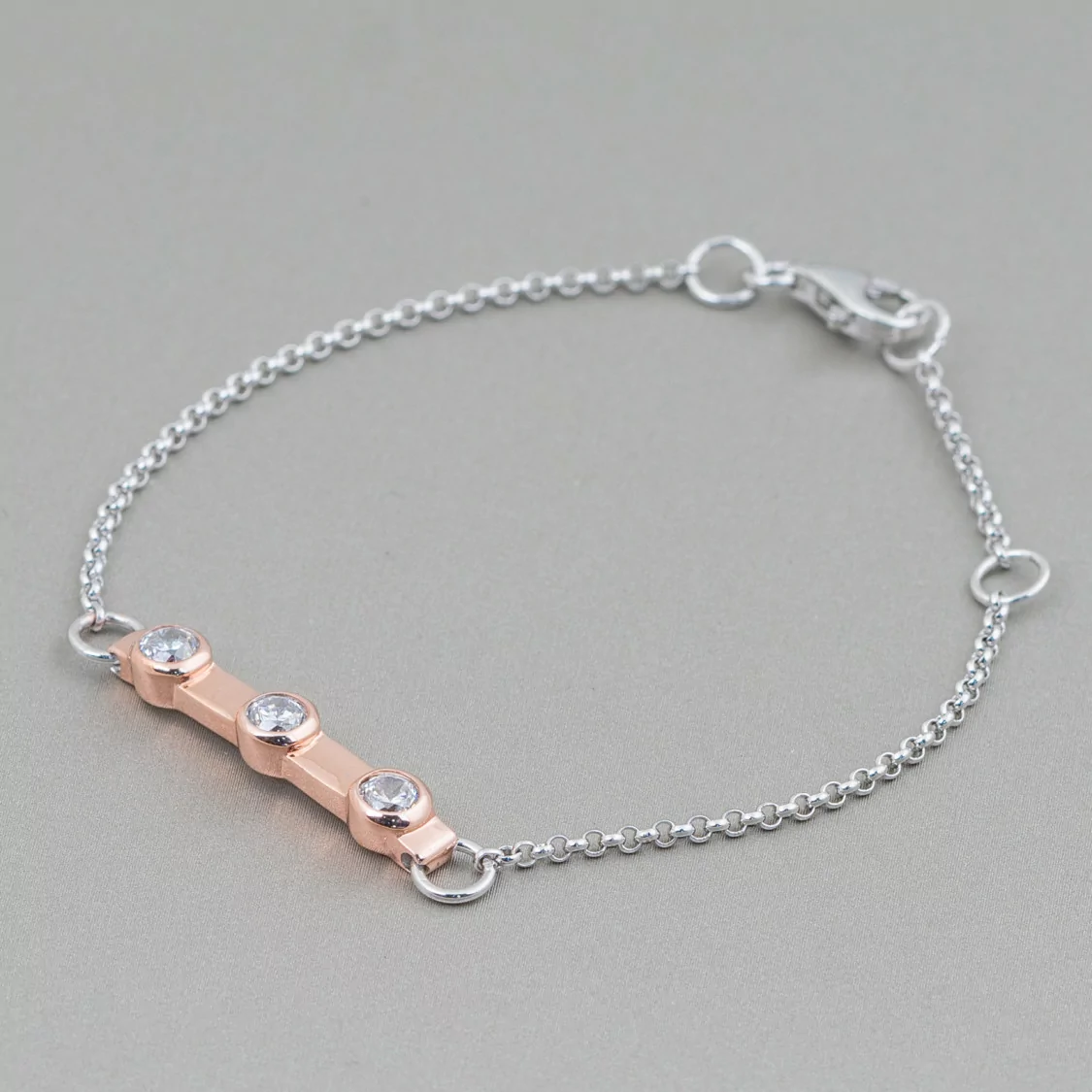 Bracciale Di Argento 925 Design Italy Con 3 Zirconi Lunghezza 19cm-16,5cm Rodiato e Oro Rosa-BRACCIALI DI ARGENTO 925 | Worldofjewel.com