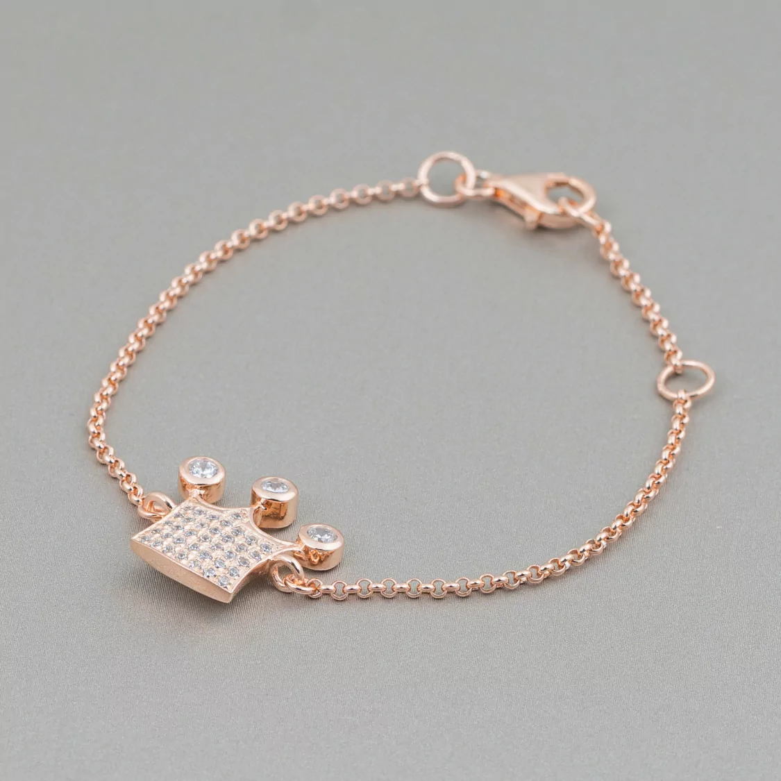 Bracciale Di Argento 925 Design Italy Con Centale Corona Zirconata Lunghezza 19cm-16,5cm Oro Rosa-BRACCIALI DI ARGENTO 925 | Worldofjewel.com