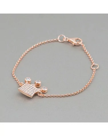 Bracciale Di Argento 925 Design Italy Con Centale Corona Zirconata Lunghezza 19cm-16,5cm Oro Rosa-BRACCIALI DI ARGENTO 925 | Worldofjewel.com