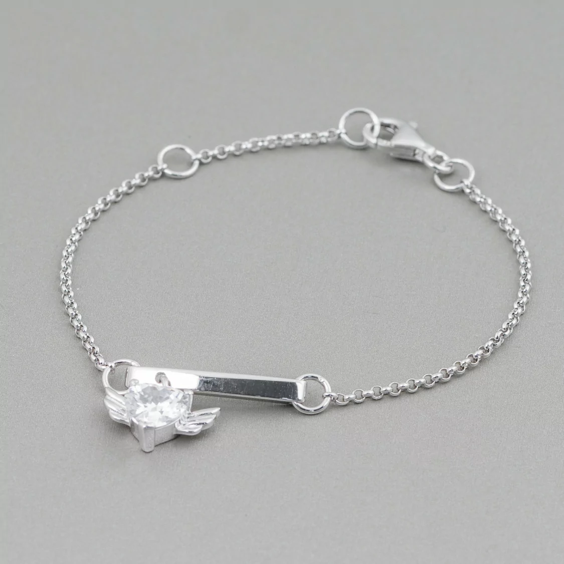 Bracciale Di Argento 925 Design Italy Con Centale Cuore Alato Lunghezza 19cm-16,5cm Rodiato-BRACCIALI DI ARGENTO 925 | Worldofjewel.com