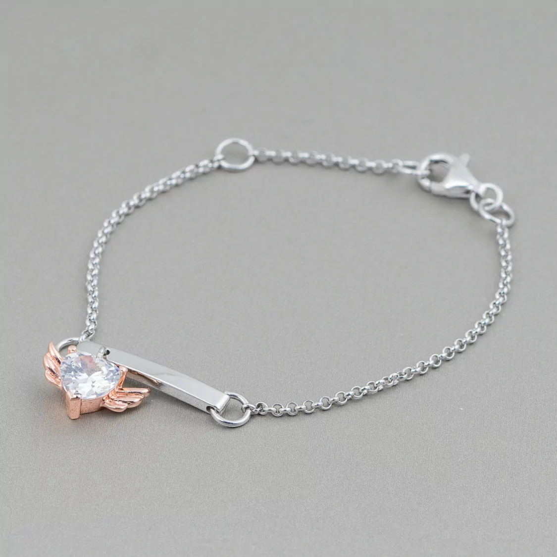 Bracciale Di Argento 925 Design Italy Con Centale Cuore Alato Lunghezza 19cm-16,5cm Rodiato E Oro Rosa-BRACCIALI DI ARGENTO 925 | Worldofjewel.com