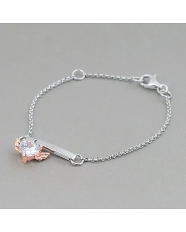 Bracciale Di Argento 925 Design Italy Con Centale Cuore Alato Lunghezza 19cm-16,5cm Rodiato E Oro Rosa-BRACCIALI DI ARGENTO 925 | Worldofjewel.com