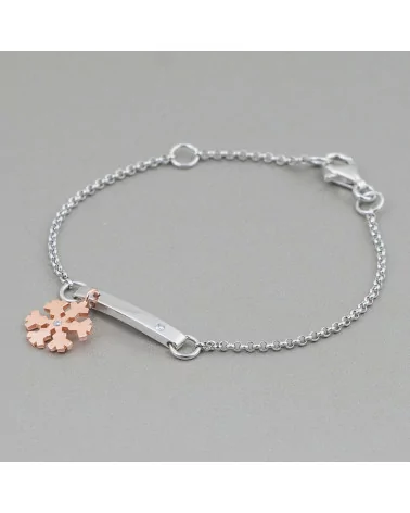 Bracciale Di Argento 925 Design Italy Con Centale Fiocco Di Neve Rose' Lunghezza 19cm-16,5cm Rodiato-BRACCIALI DI ARGENTO 925 | Worldofjewel.com