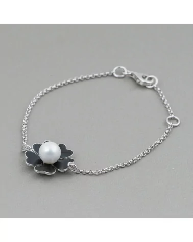 Bracciale Di Argento 925 Design Italy Con Centale Fiore Smaltato Lunghezza 19cm-16,5cm-BRACCIALI DI ARGENTO 925 | Worldofjewel.com