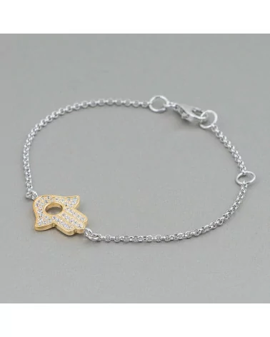 Bracciale Di Argento 925 Design Italy Con Centale Mano Di Fatima Dorata Lunghezza 19cm-16,5cm Rodiato-BRACCIALI DI ARGENTO 925 | Worldofjewel.com