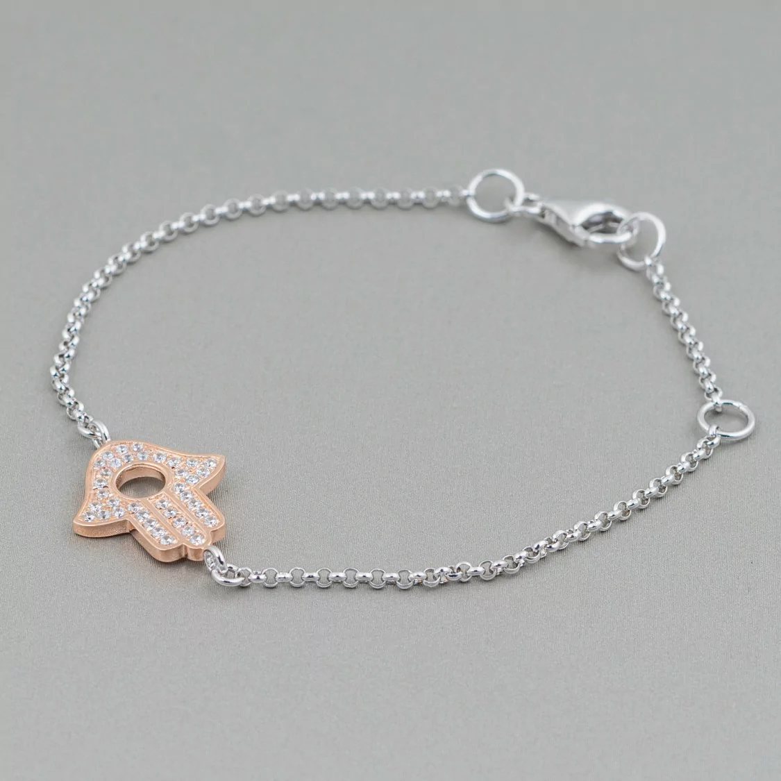 Bracciale Di Argento 925 Design Italy Con Centale Mano Di Fatima Oro Rosa Lunghezza 19cm-16,5cm Rodiato-BRACCIALI DI ARGENTO 925 | Worldofjewel.com